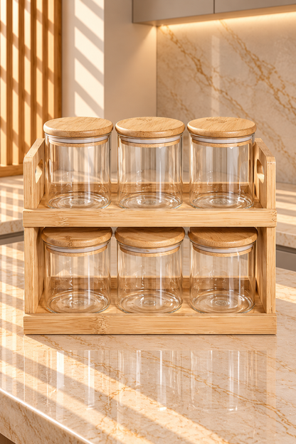 Ensemble de 6 Boîtes Épices et Céréales en Plexiglass avec Couvercles en Bois – Rangement Chic et Pratique
