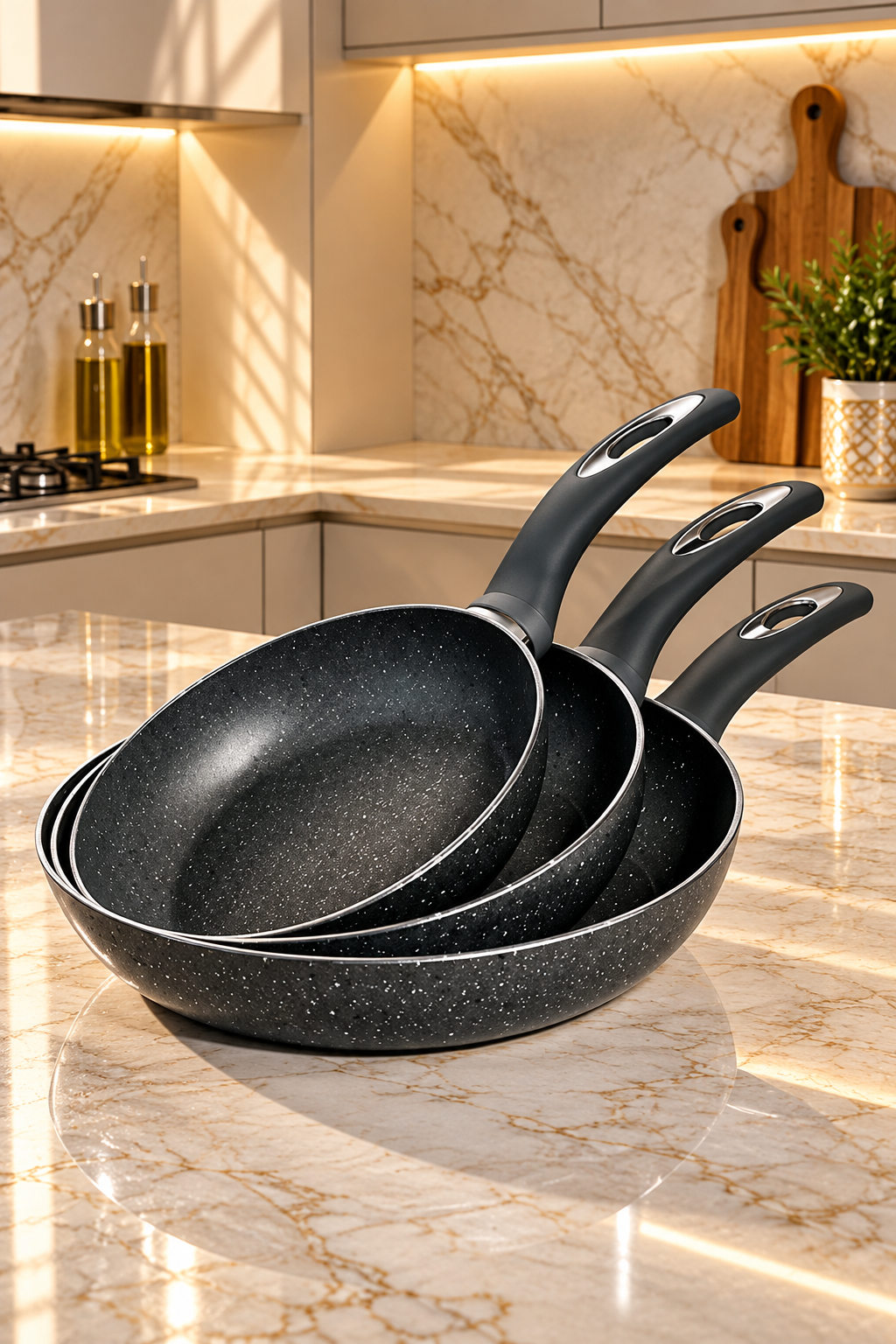 Trio de Poêles en Granit Gris – Trois Tailles, Qualité Premium