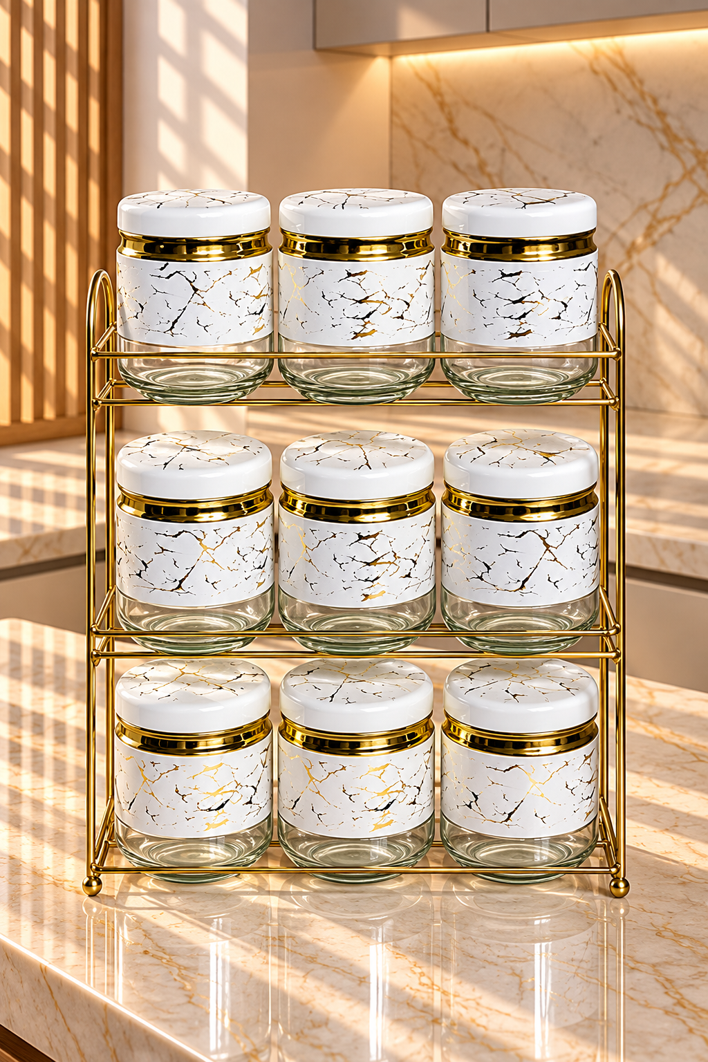 Ensemble de 9 Boîtes Épices et Céréales Blanc Marbré avec Couvercles et Support en Acier Inoxydable – Design Chic et Rangement Optimal