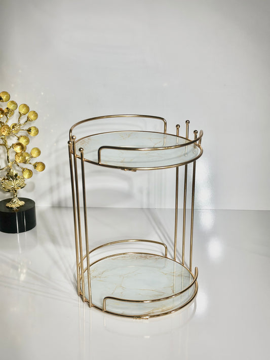 Présentoir Rond Doré 2 Étages avec Assiettes Blanc Doré Marbré – Élégance et Praticité