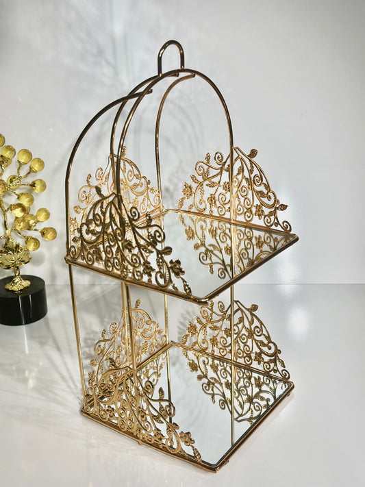 Présentoir Carré 2 Étages en Métal Doré avec Motif Floral – Élégance et Sophistication