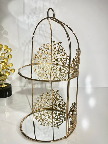 Présentoir Rond 2 Étages en Métal Doré avec Motif Floral – Élégance et Charme