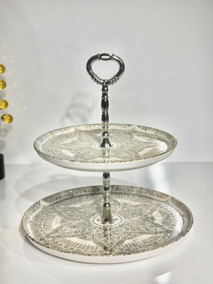 Présentoir 2 Étages en Porcelaine avec Motifs Floraux Gris et Vert – Élégance Naturelle