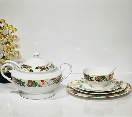 Service de Table 33 Pièces en Porcelaine – Motif Papillon Vert Élégant