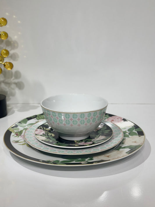 Service de Table 24 Pièces Très Chic – Porcelaine Noir, Blanc et Vert