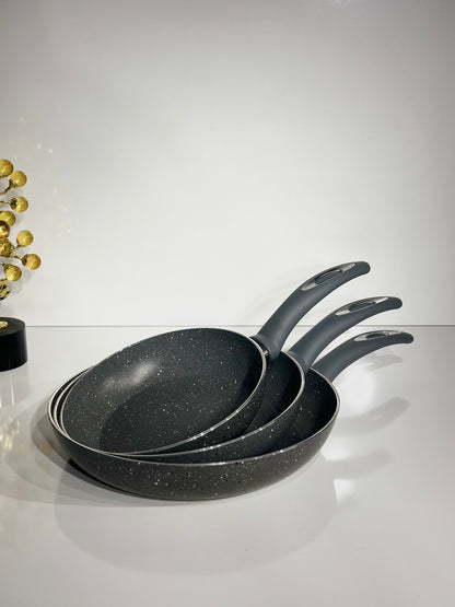 Trio de Poêles en Granit Gris – Trois Tailles, Qualité Premium