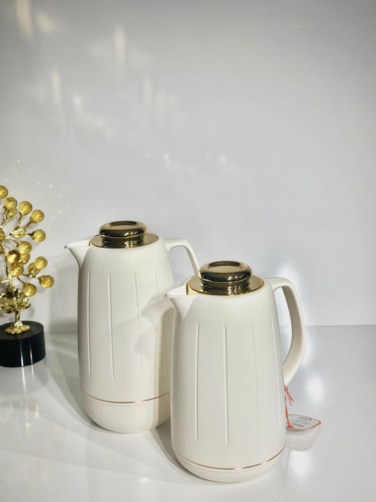 Duo de Thermos Blanc Cassé avec Couvercle Doré – Élégance et Raffinement au Quotidien