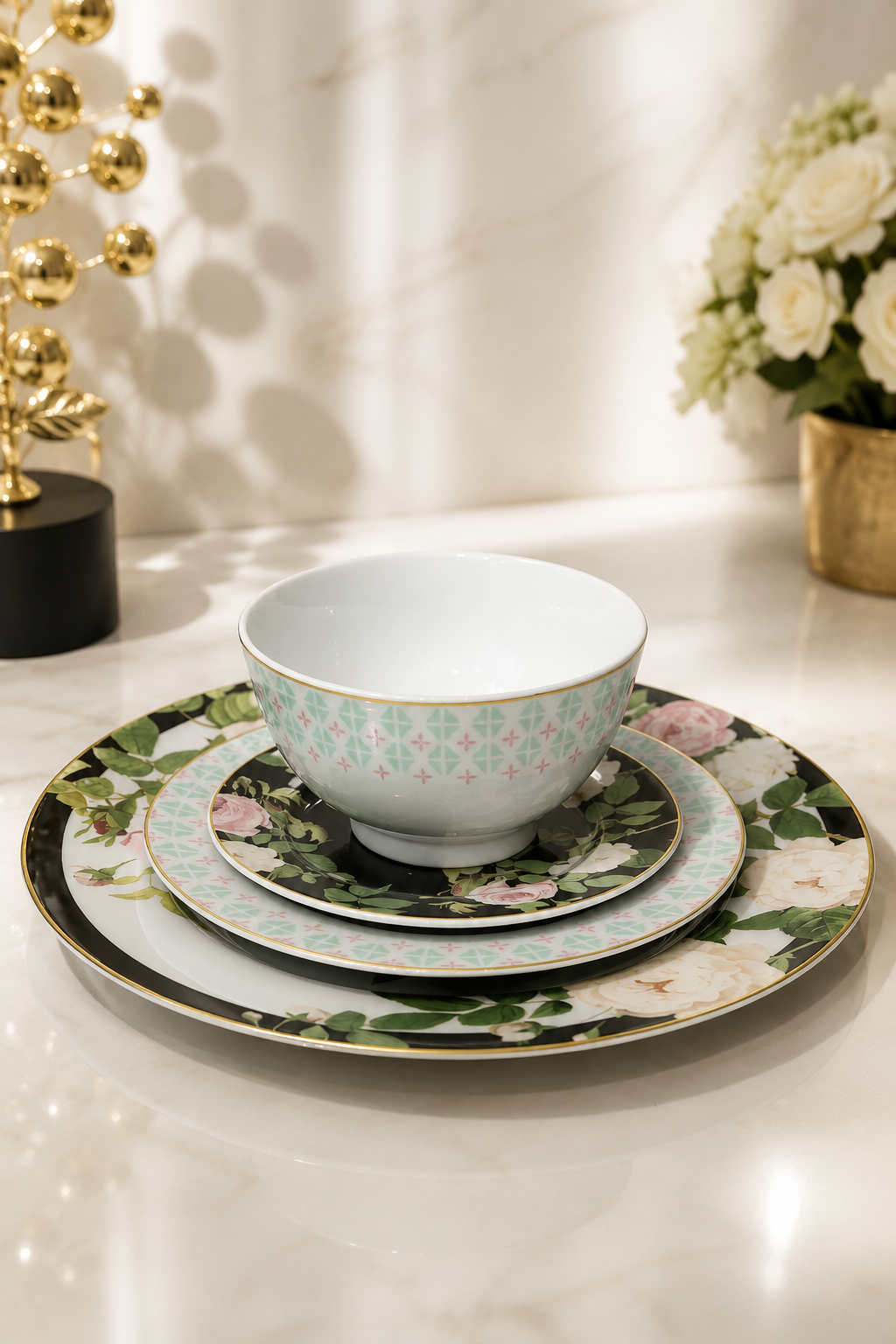 Service de Table 24 Pièces Très Chic – Porcelaine Noir, Blanc et Vert