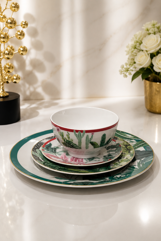 Service de Table 24 Pièces Très Chic – Porcelaine Vert, Blanc et Rouge