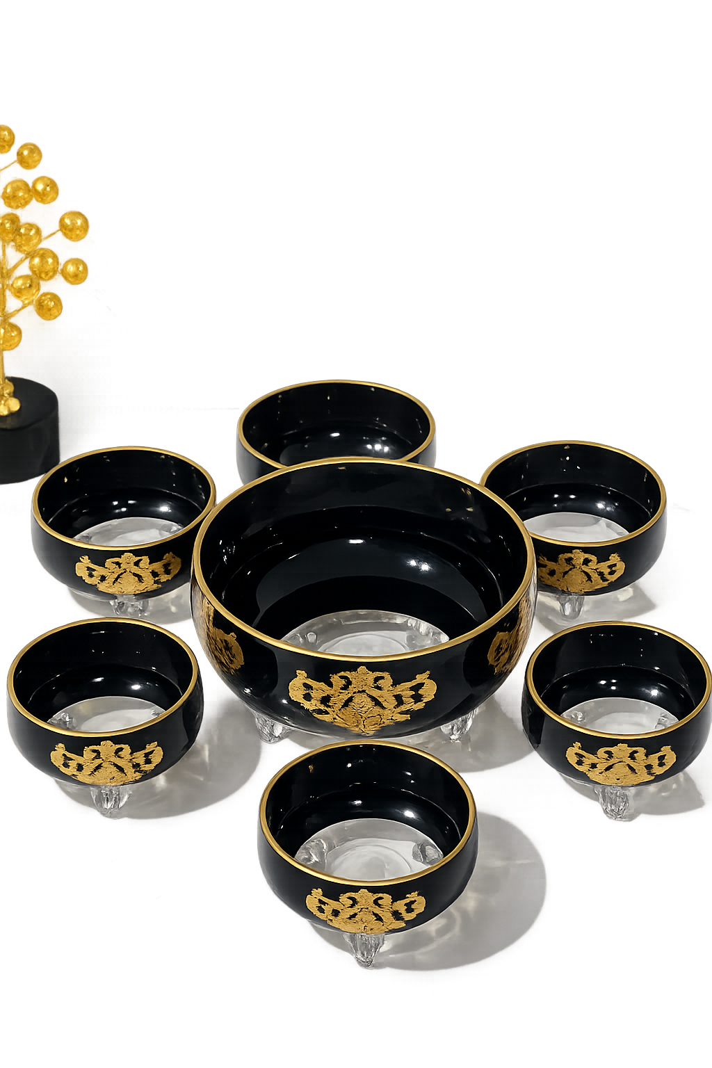 Set Saladier Noir & 6 Bols – Finitions Dorées Élégantes