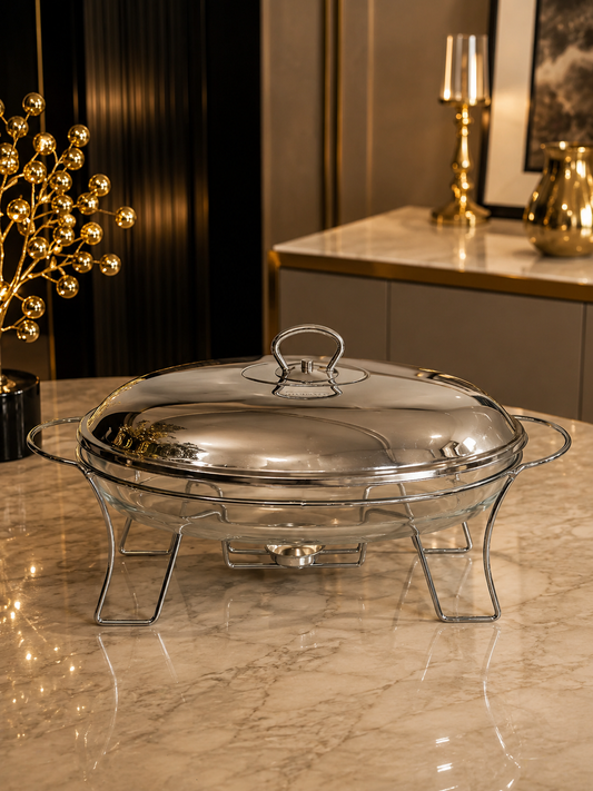 Tajine Ovale en Verre avec Support et Couvercle en Acier Inoxydable – Élégance et Fonctionnalité