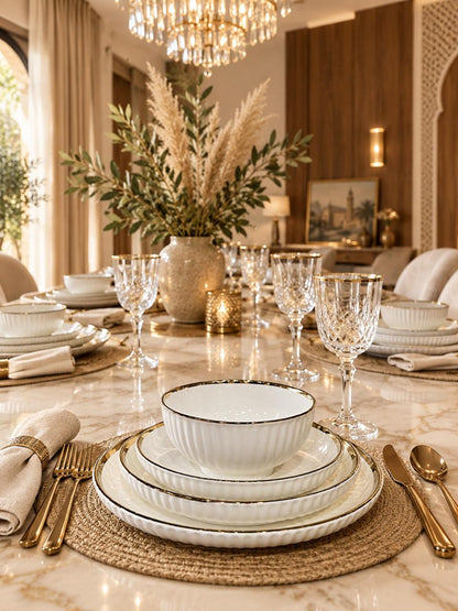 Service de Table 24 Pièces en Porcelaine Blanche avec Finition Dorée – Collection Élégance pour 6 Personnes