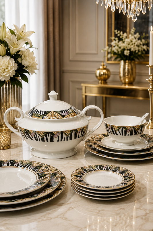 Service de Table 33 Pièces en Porcelaine – Noir avec Motifs Marron Élégants