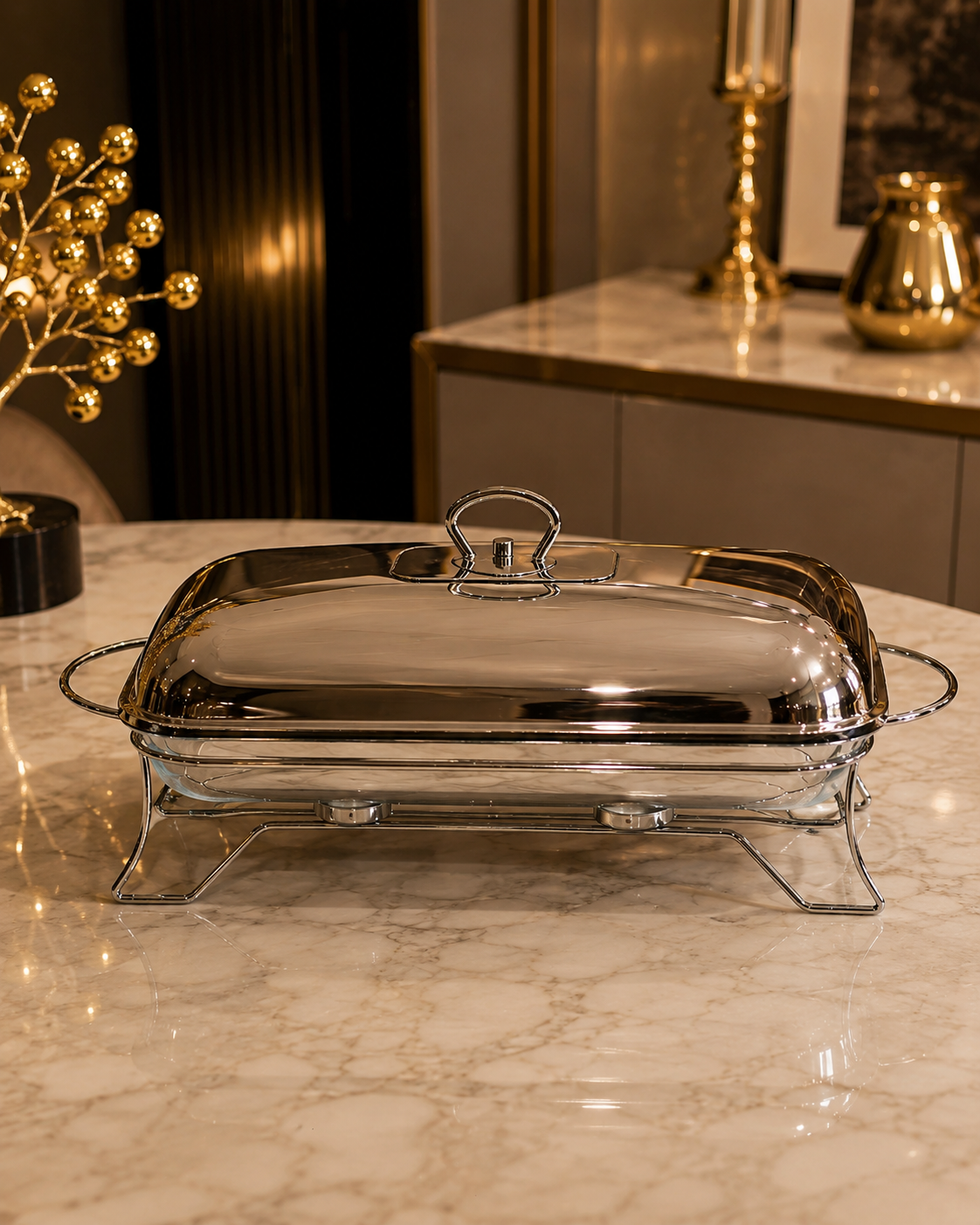 Tajine Rectangulaire en Verre avec Support et Couvercle en Acier Inoxydable – Design Moderne et Pratique