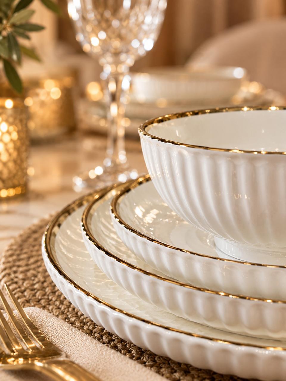 Service de Table 24 Pièces en Porcelaine Blanche avec Finition Dorée – Collection Élégance pour 6 Personnes