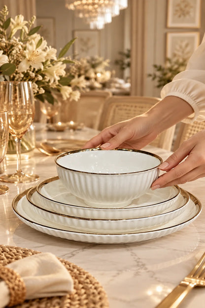 Service de Table 24 Pièces en Porcelaine Blanche avec Finition Dorée – Collection Élégance pour 6 Personnes