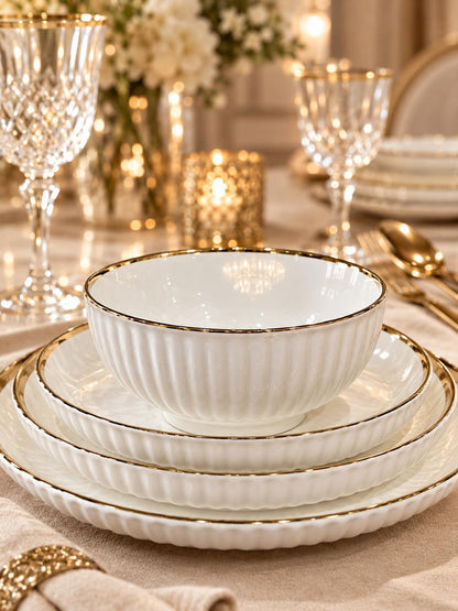 Service de Table 24 Pièces en Porcelaine Blanche avec Finition Dorée – Collection Élégance pour 6 Personnes