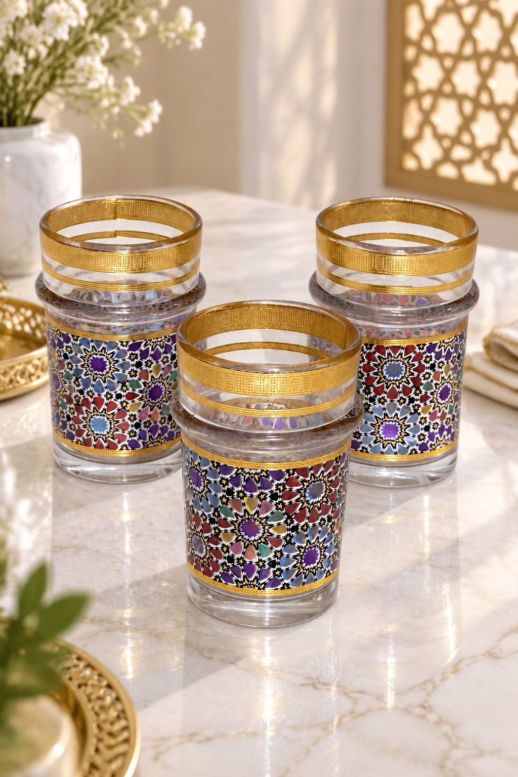 Service de 12 Verres à Thé Marocains Luxe – Décor Mosaïque Artisanale & Finitions Dorées